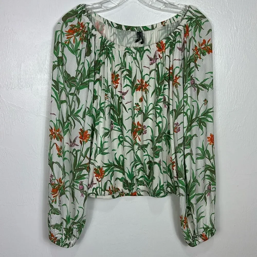 ANTHROPOLOGIE Cascais Tropical Floral Bird Off The Shoulder Puff Sleeve Top XS